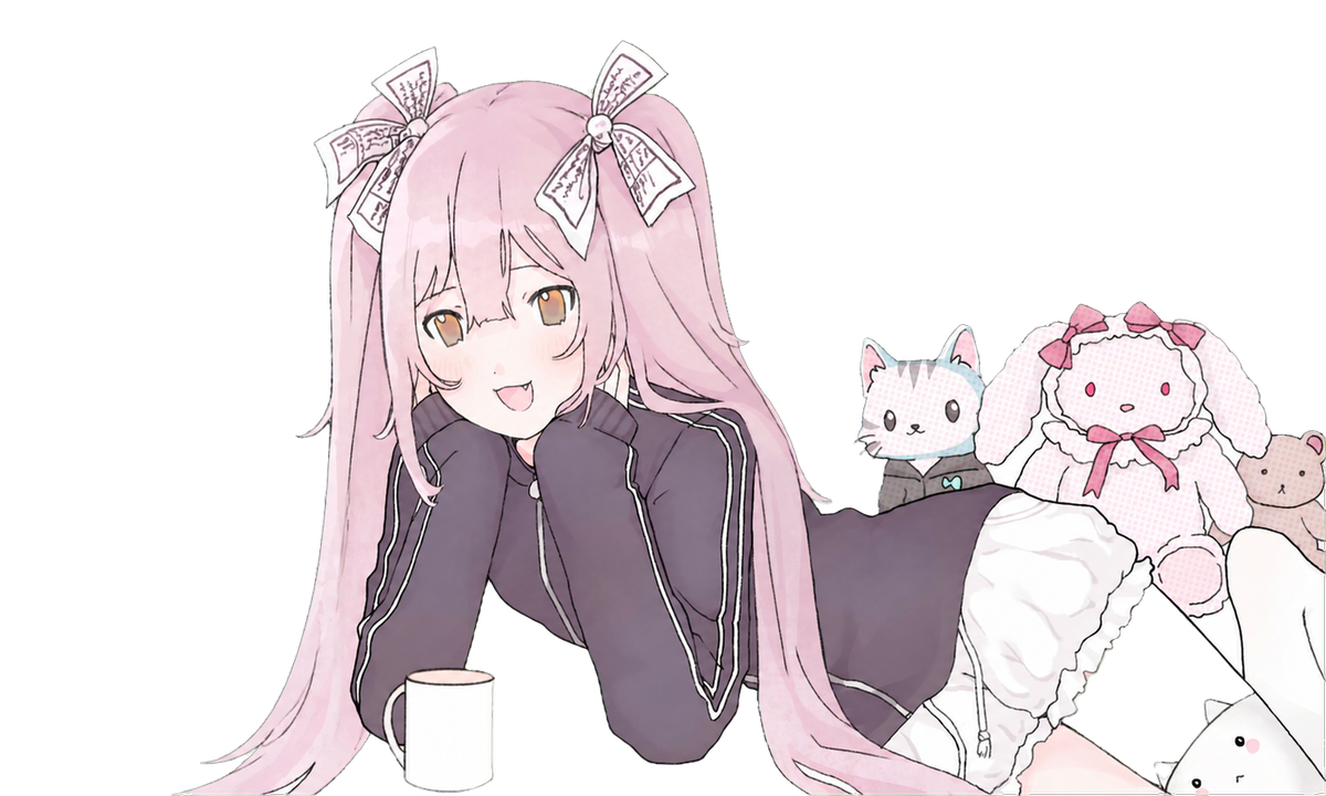 Papertrade’s mascot resting with a mug and plush toys
